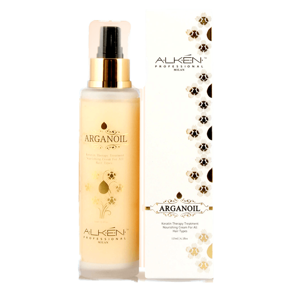 Alken Arganoil Keratin Therapy in a 125ml frosted glass pump bottle beside its white carton