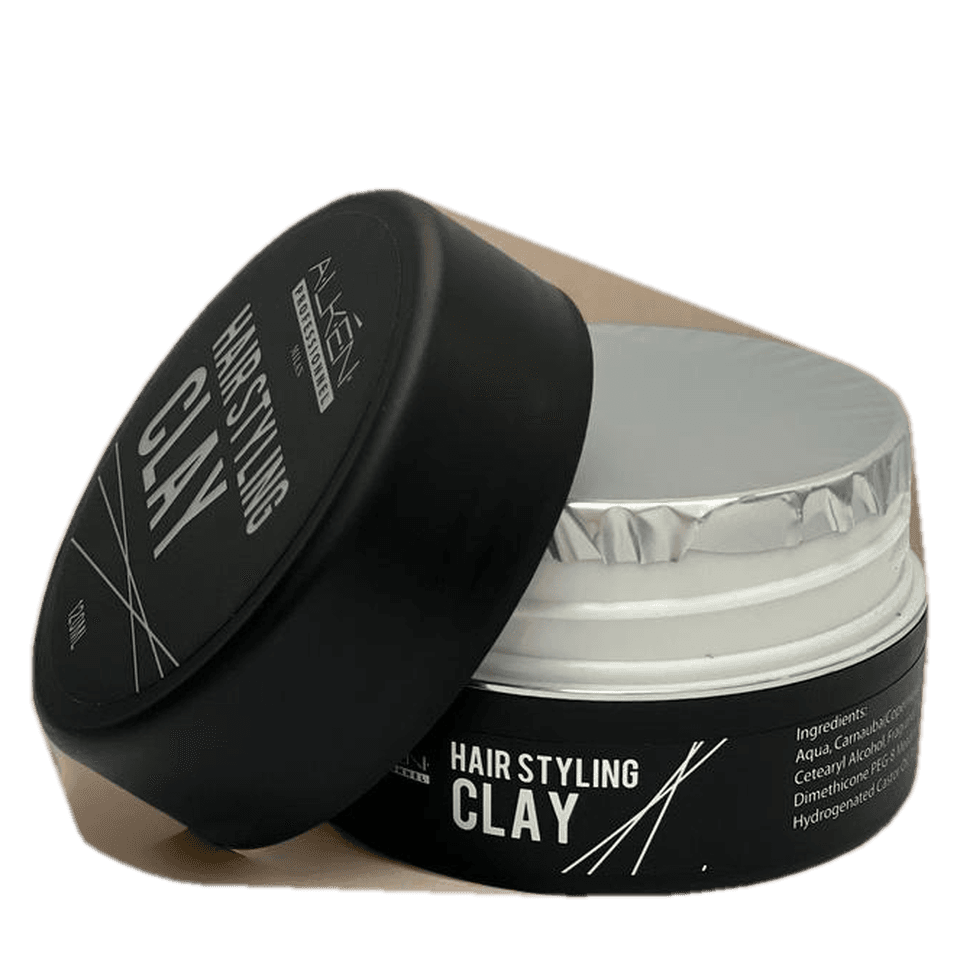 Alken System Solution Hair Styling Clay, a black 120ml tin with its lid tilted against it