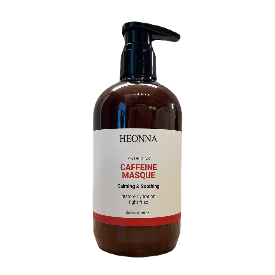 HEONNA AK Origins Caffeine Masque in a 500ml amber pump bottle with a red-striped label