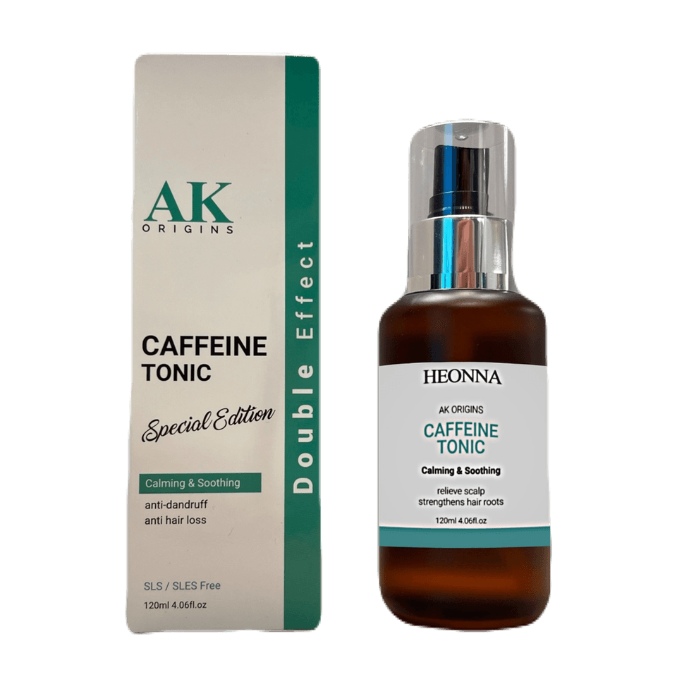 HEONNA AK Origins Caffeine Tonic in a 120ml amber pump bottle beside its white and green carton