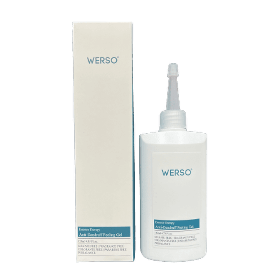 WERSO Essence Therapy Anti-Dandruff Peeling Gel, white bottle with nozzle applicator beside its white and teal carton