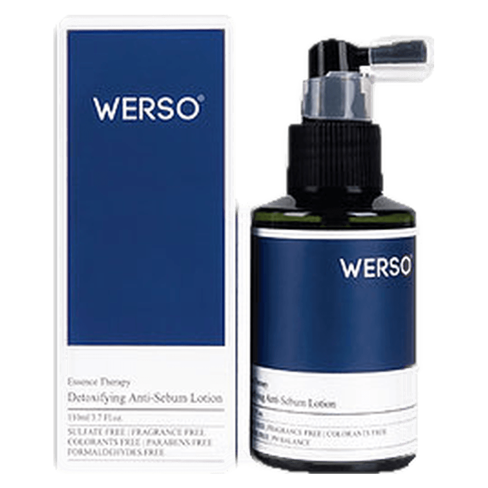 WERSO Essence Therapy Detoxifying Anti-Sebum Lotion, 110ml bottle with nozzle applicator beside its navy carton