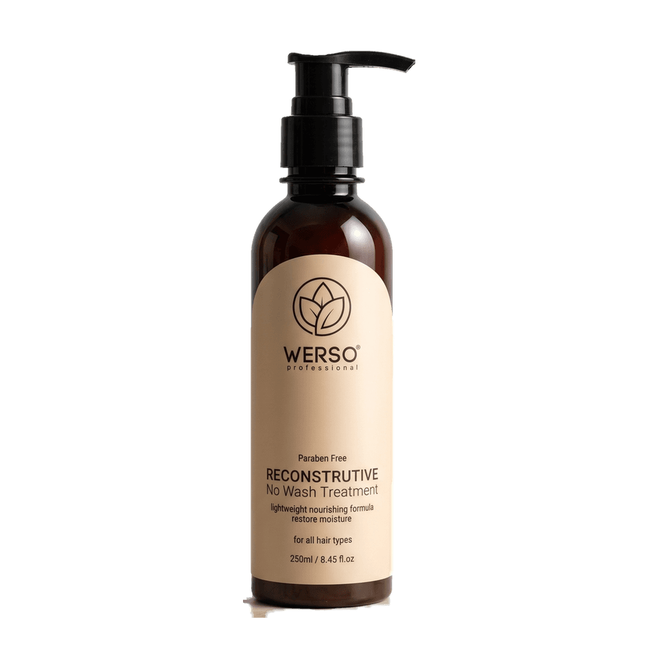 WERSO Reconstructive No Wash Treatment in a 250ml amber pump bottle with a beige label