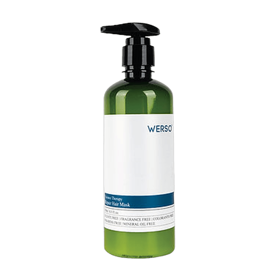 WERSO Essence Therapy Repair Hair Mask in a 500ml green pump bottle with a blue label