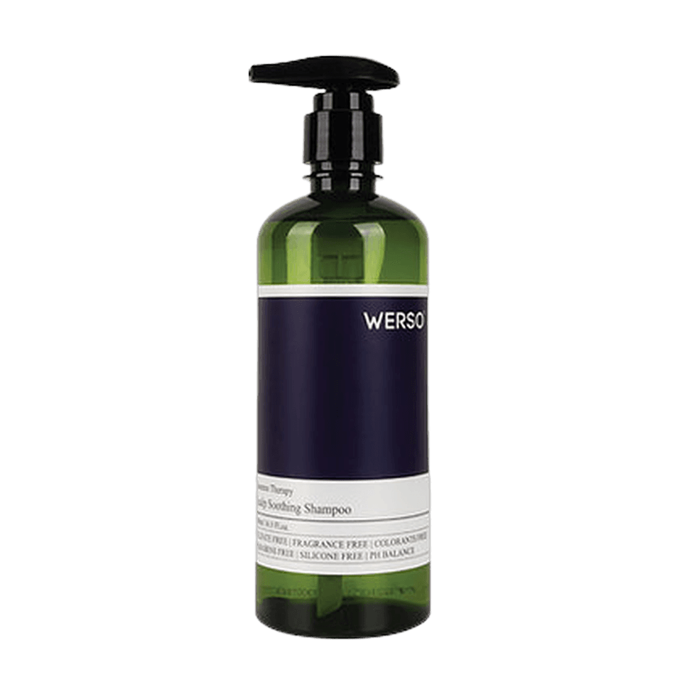 WERSO Essence Therapy Scalp Soothing Shampoo in a 500ml green pump bottle with a navy label