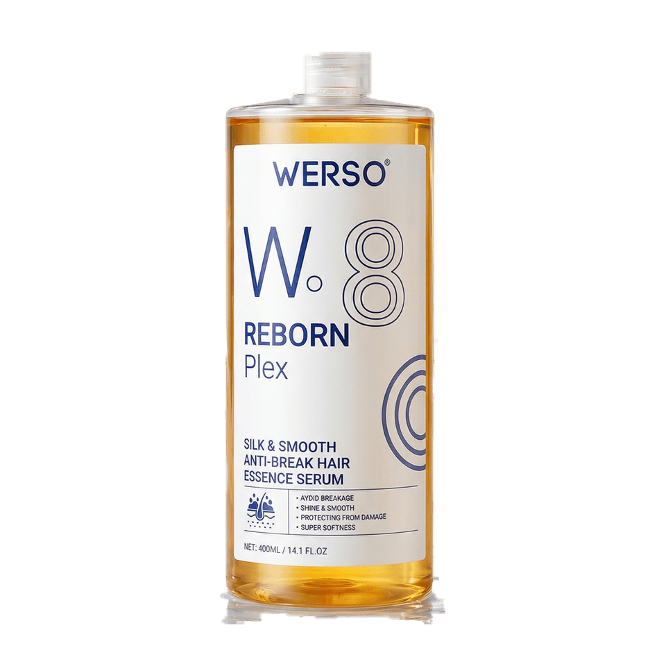 WERSO W8 Reborn Plex in a 400ml clear bottle of golden serum with a white label