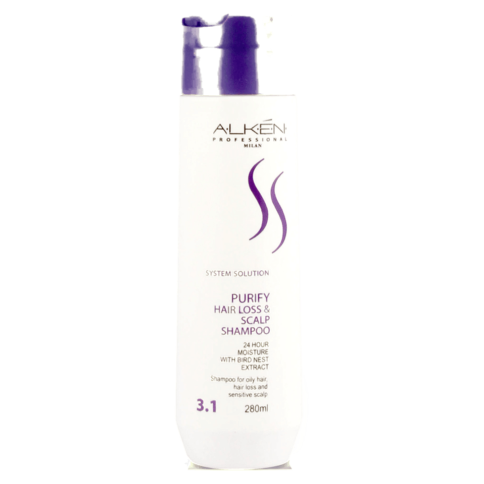 Alken System Solution 3.1 Purify Hair Loss and Scalp Shampoo in a white 280ml bottle with a purple cap