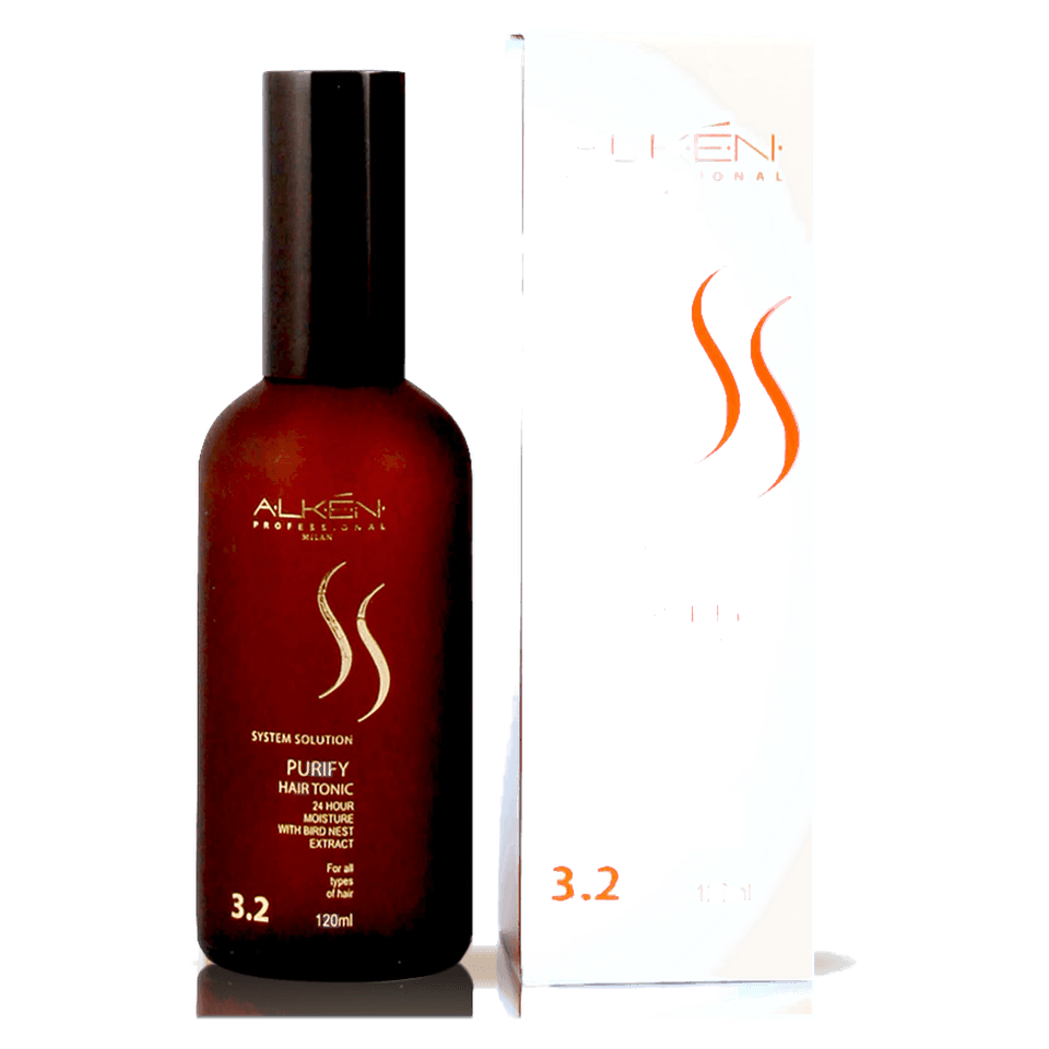 Alken System Solution 3.2 Purify Hair Tonic in a 120ml amber glass bottle beside its carton